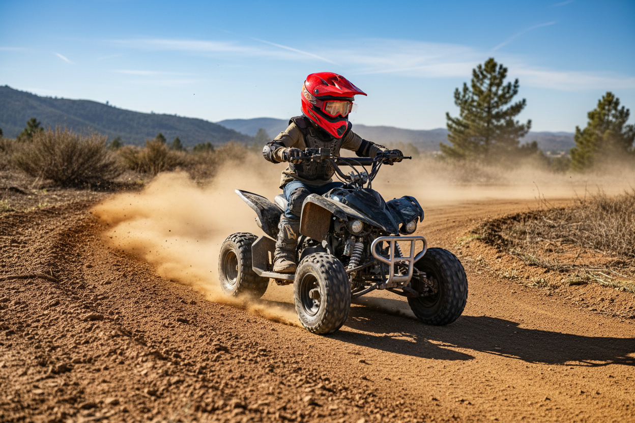 A gas Powered ATV. A kid riding it